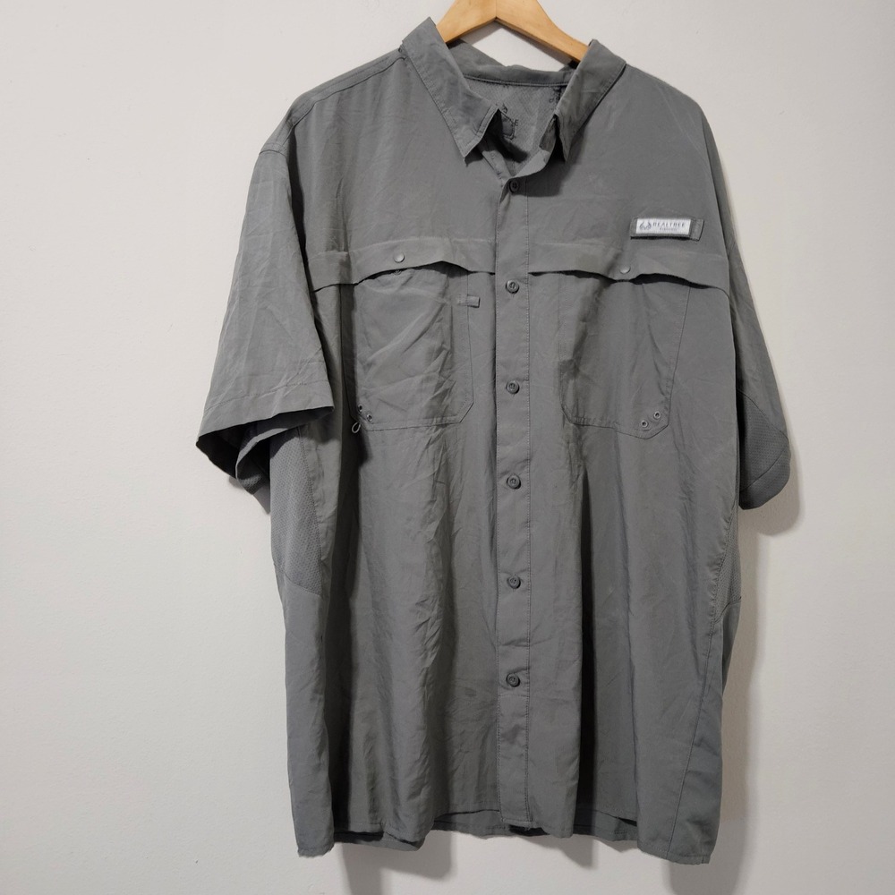 Realtree Fishing Mens 2XL Gray Short Sleeve Vented Button Down Ripstop‎ Shirt